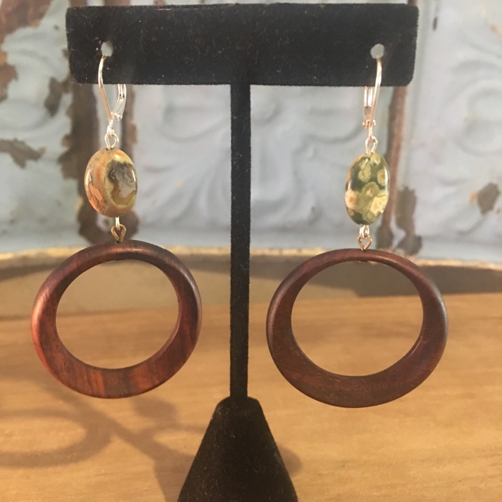 Ocean Jasper and Wood Hoop Boho Retro Earrings Handmade